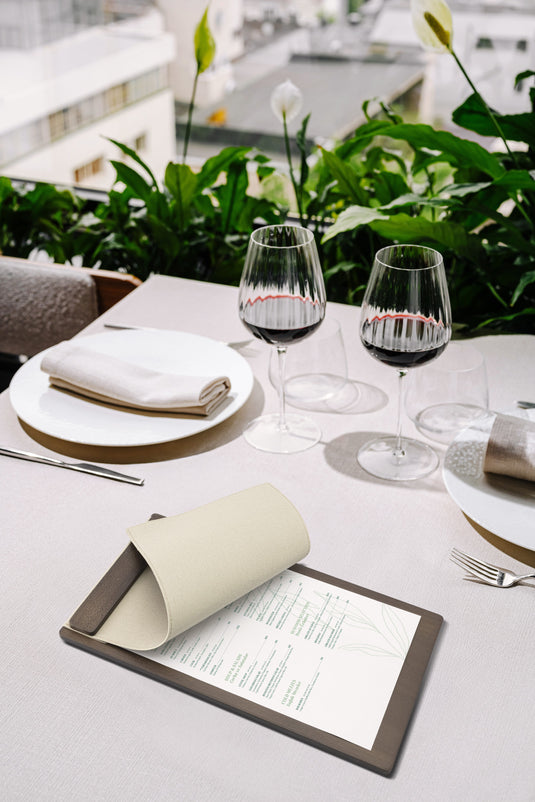 Securit Menu Holders - Signature Clipboard A45 in Walnut 18,5x32x1,5cm - Pack of 10 - in use