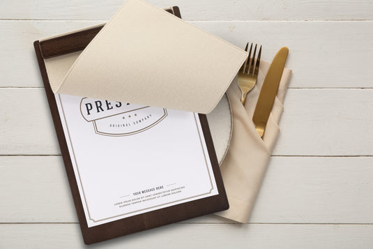 Securit Menu Holders - Signature Clipboard A4 in Walnut 23x32x1,5cm - Pack of 10 - in use