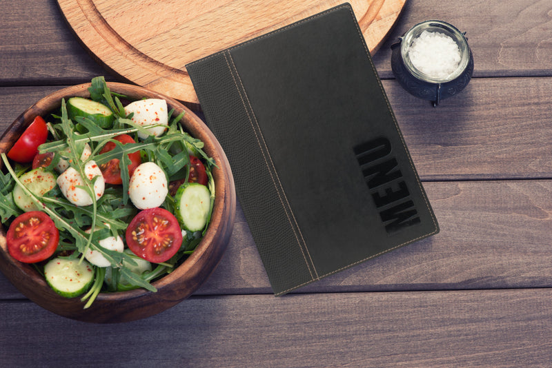 Load image into Gallery viewer, Securit Front-of-House Set - Trendy A5 Black - 10 Menu Holders + 10 Bill Presenters - in use
