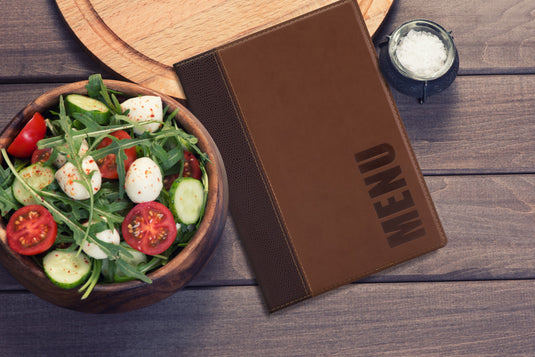 Securit Menu Set - Trendy A5 Light Brown - 10 Menu Holders + 20 Extra Pouches - in use