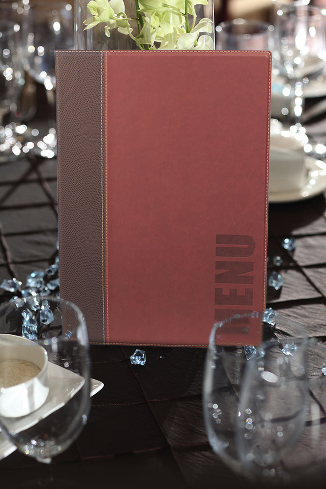 Load image into Gallery viewer, Securit Menu Set - Trendy A5 Wine Red - 10 Menu Holders + 20 Extra Pouches - in use
