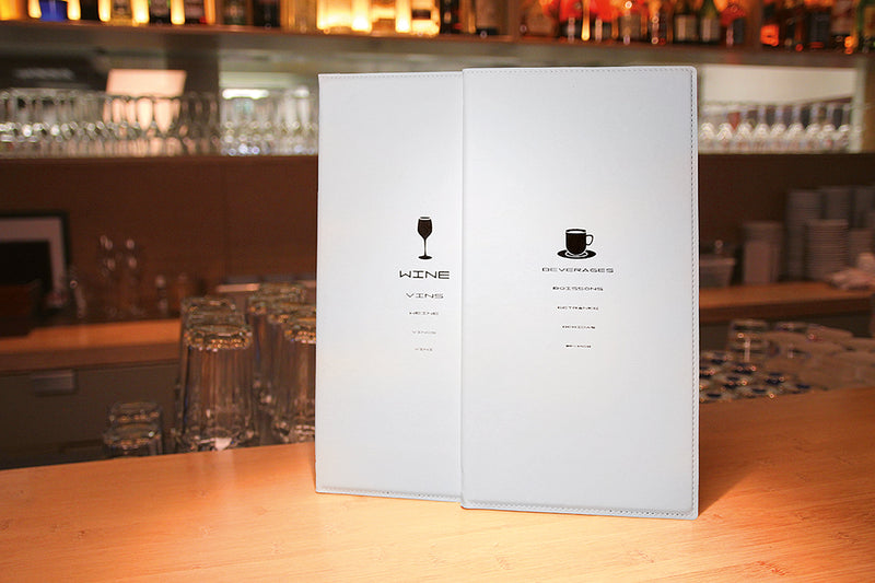 Load image into Gallery viewer, Securit Menu Set - Trendy Beverages A45 White - 10 Menu Holders + 20 Extra Pouches - in use
