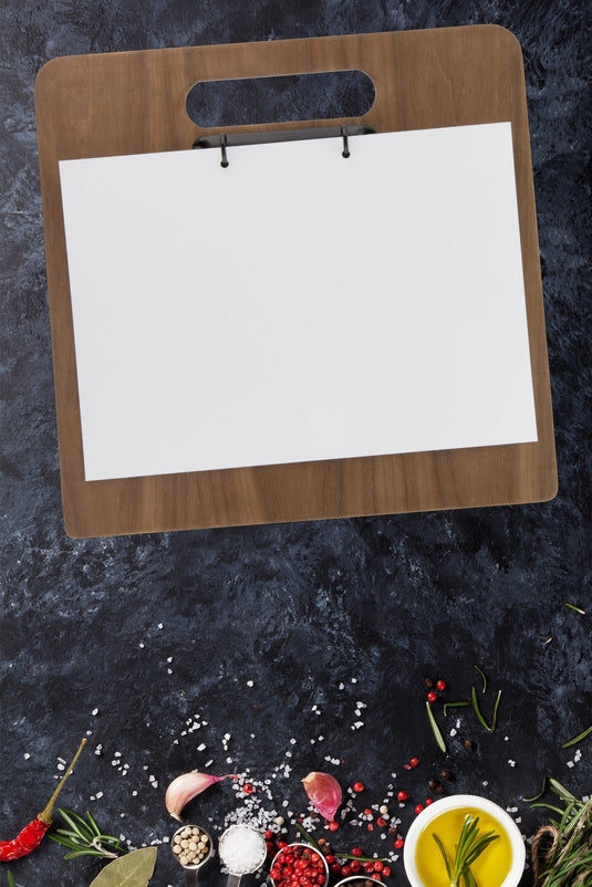 Securit Front-of-House Set - Walnut A4 Chopping Board - 10 Menu Holders + 10 Bill Presenters - in use