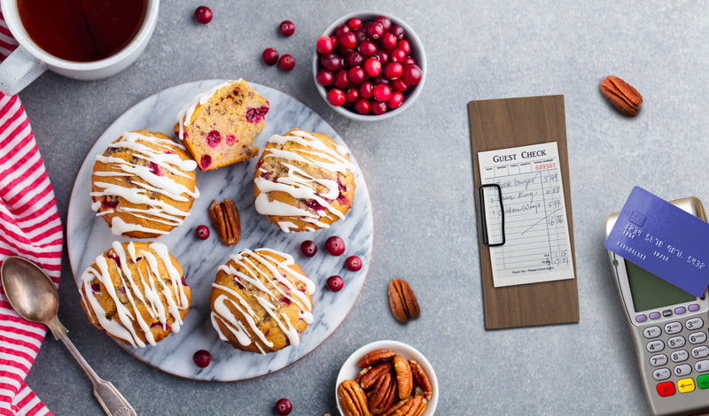 Load image into Gallery viewer, Securit Menu Holders - Walnut - Walnut 24x10x1cm - Pack of 10 - in use
