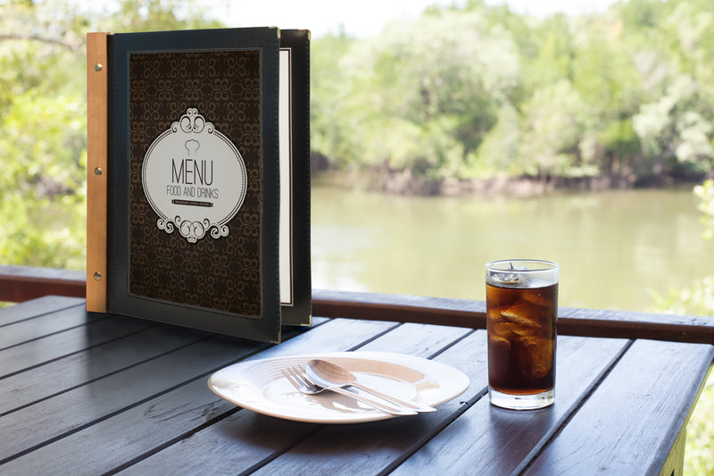 Load image into Gallery viewer, Securit Menu Set - Wood A4 Black - 10 Menu Holders + 20 Extra Pouches - in use
