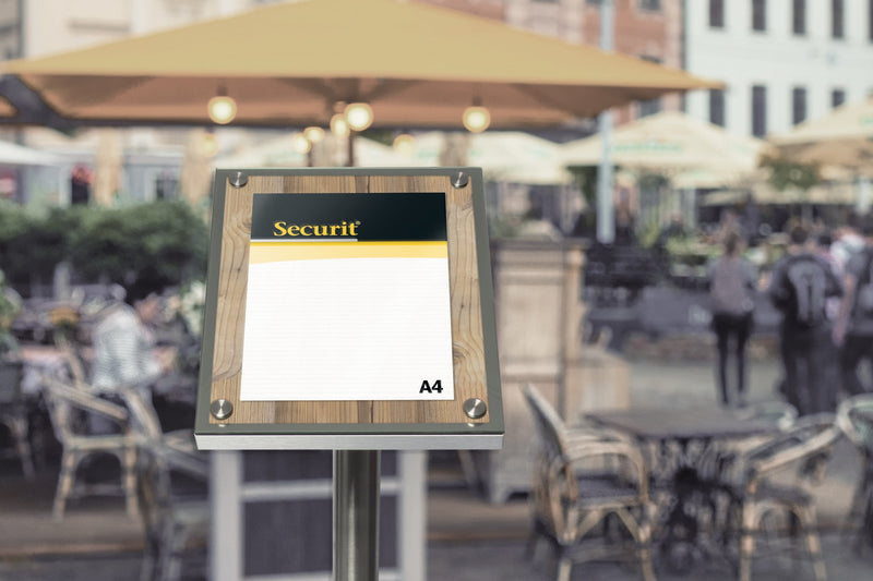Load image into Gallery viewer, Securit Information Display Set - Glass Star Oak A4 - Display + Pole &amp; Base + LED Lamp - in use
