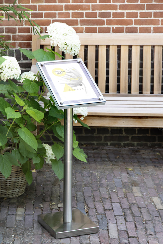Securit Information Display Set - Glass Star Walnut A4 - Display + Pole & Base + LED Lamp - in use