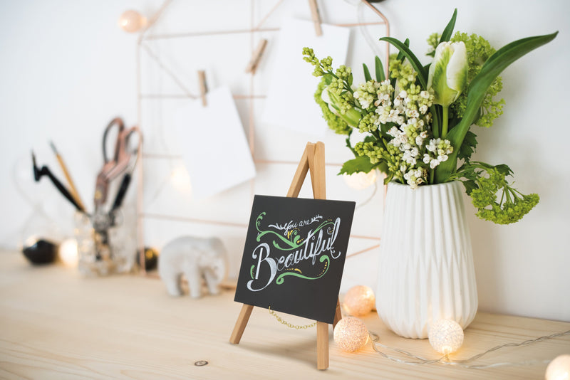 Load image into Gallery viewer, Wedding Table Set - 6 Beech Mini Easels + 18 A5 Table Chalkboards + Gold &amp; Silver Chalk Markers - in use
