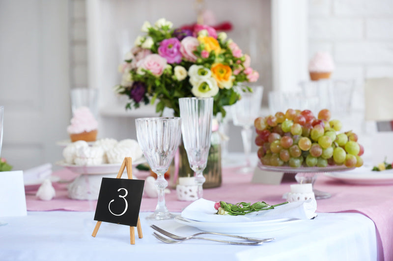 Load image into Gallery viewer, Securit Table Chalkboard Set - Mini Easel Beech (10 Sets of 3) - 30 Easels + White Markers - in use

