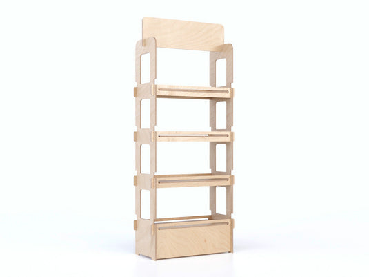 Market 600 – sturdy eucalyptus display shelving unit with four spacious shelves