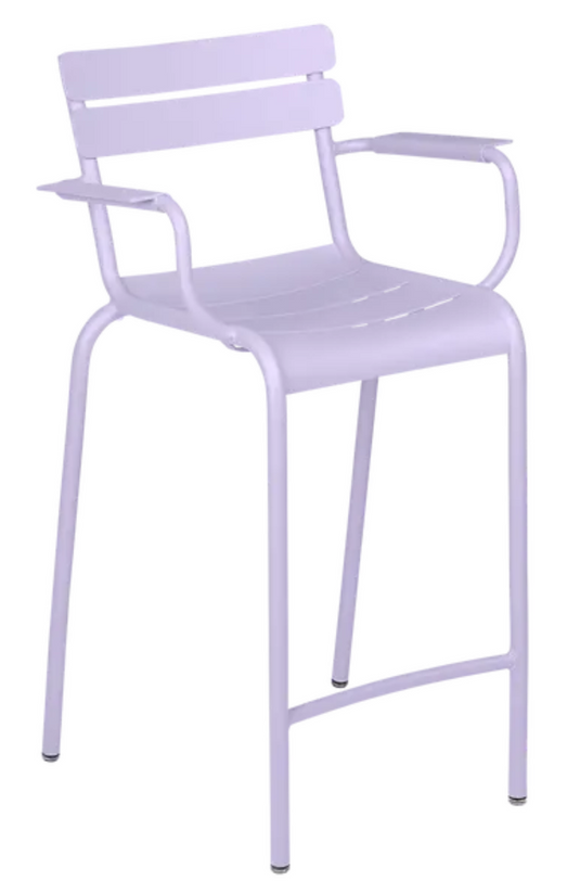 Marshmallow blue Fermob Luxembourg high bar armchair with a sleek, modern design and high armrests.