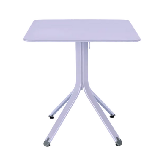 Fermob Rest'O folding outdoor table in Marshmallow Blue, 71x71cm metal table open on patio.