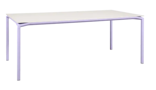 Fermob CALVI AERIS mineral dining table with eight seats, rectangular table top in a stylish, modern design.