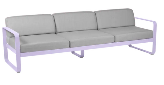 Fermob Bellevie 3-seater outdoor sofa with metal frame and marshmallow flannel grey cushions for comfortable outdoor seating.