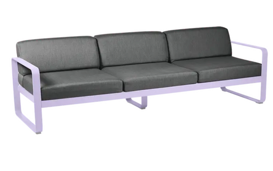 Fermob Bellevie 3-seater outdoor sofa with marshmallow graphite grey metal frame, stylish patio furniture for outdoor seating.