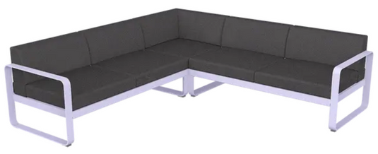 Fermob Bellevie Composition 2 outdoor lounge set with marshmallow and graphite grey cushions, modular sofa for patio or garden.