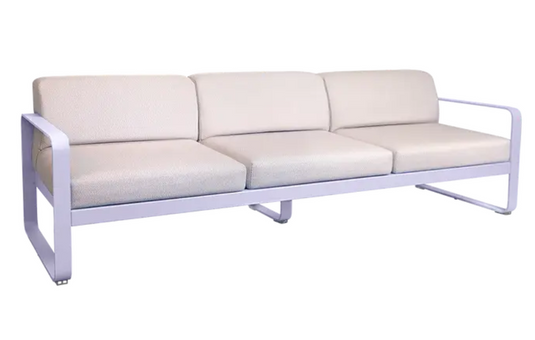 Fermob Bellevie 3-seater outdoor sofa with metal frame in marshmallow pearl finish, designed for stylish outdoor living.