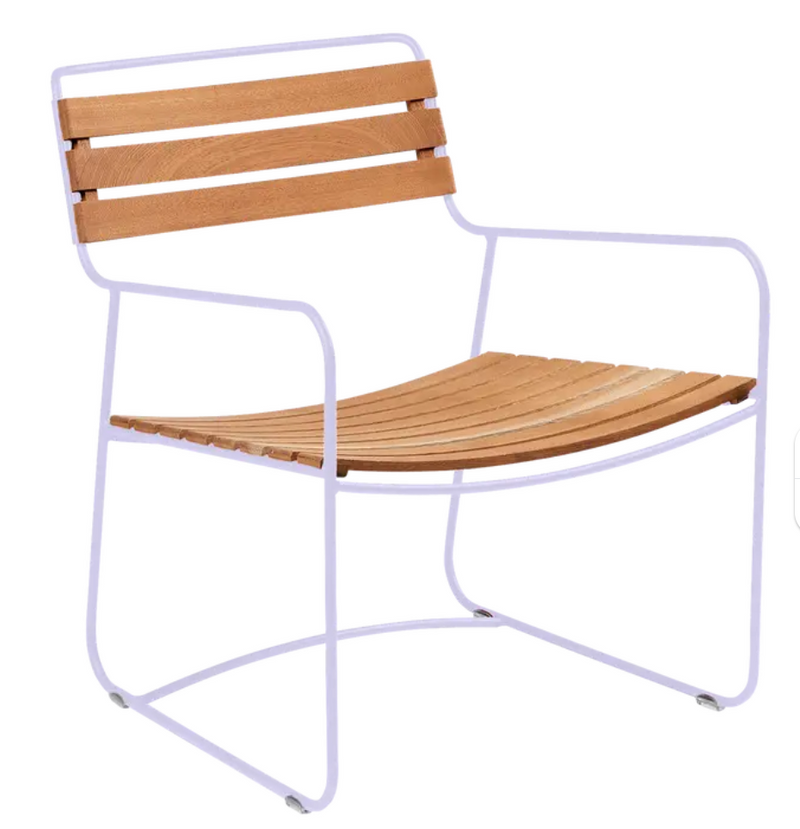 Load image into Gallery viewer, Fermob Surprising Teak Low Armchair, outdoor metal chair with teak armrests, sleek design, suitable for garden or patio seating.
