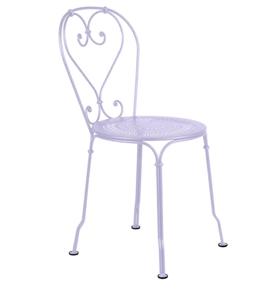 Marshmallow 1900 outdoor chair by Fermob, colorful and modern metal garden chair with curved armrests and slatted seat.