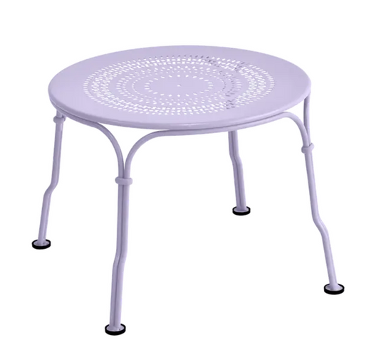 Fermob 1900 Low Table with a 45 cm diameter in a marshmallow color, made of metal, stylish for modern indoor or outdoor spaces.