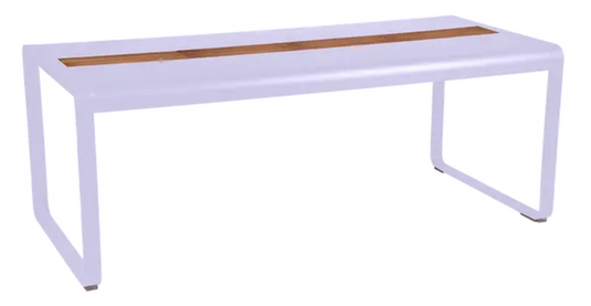 Bellevie outdoor dining table by Fermob, 196x90cm wood and metal table with storage, blue finish, eight-seater for patio or garden.