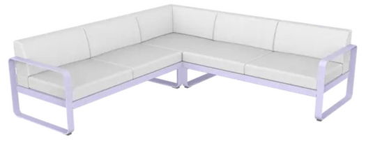 Fermob Bellevie Composition 2 outdoor sofa set with marshmallow blue and off-white cushions, modular lounge furniture.