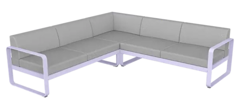 Load image into Gallery viewer, Fermob Bellevie outdoor lounge set with modular sofa in marshmallow and flannel grey fabric, designed for stylish outdoor seating.
