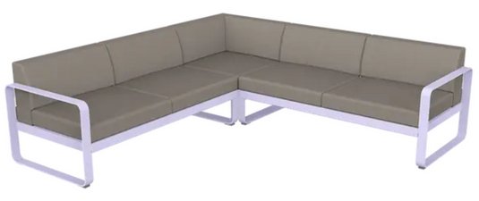 Fermob Bellevie Composition 2 outdoor lounge sofa set with marshmallow grey and taupe cushions, modular outdoor furniture.