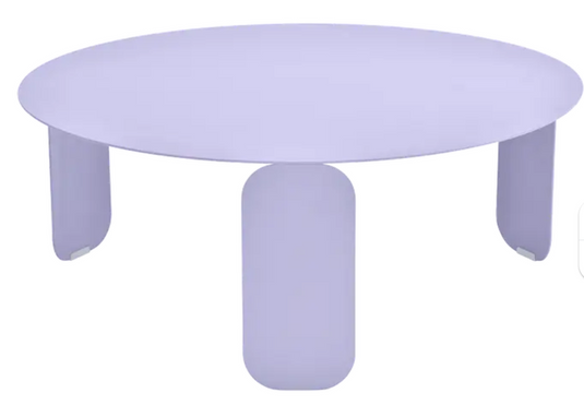 Fermob Bebop Low Table in marshmallow lilac purple with an anthracite round outdoor design, 80cm diameter for outdoor use.