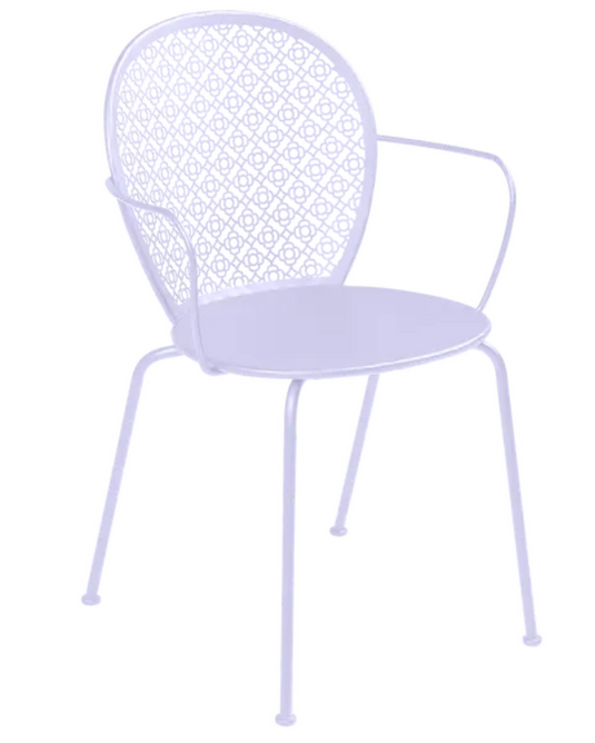 Fermob Lorette outdoor metal armchair with a smooth, curved design in a marshmallow white finish, ideal for garden seating.