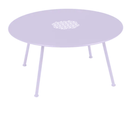 White Fermob LORETTE low coffee table with a metal frame and 80 cm diameter, suitable for outdoor use.