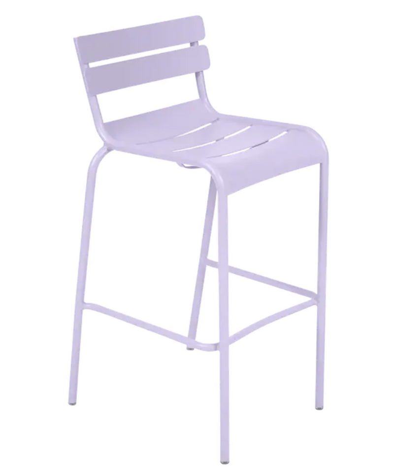 Load image into Gallery viewer, Red Fermob Luxembourg Bar Armchair with metal frame, featuring a modern design and armrests, suitable for pub or bar seating.
