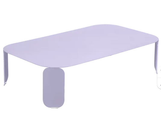 Purple Fermob Bebop Low Outdoor Table, 120x70 cm, H.42 cm, with a sleek marshmallow lilac design for modern outdoor spaces.