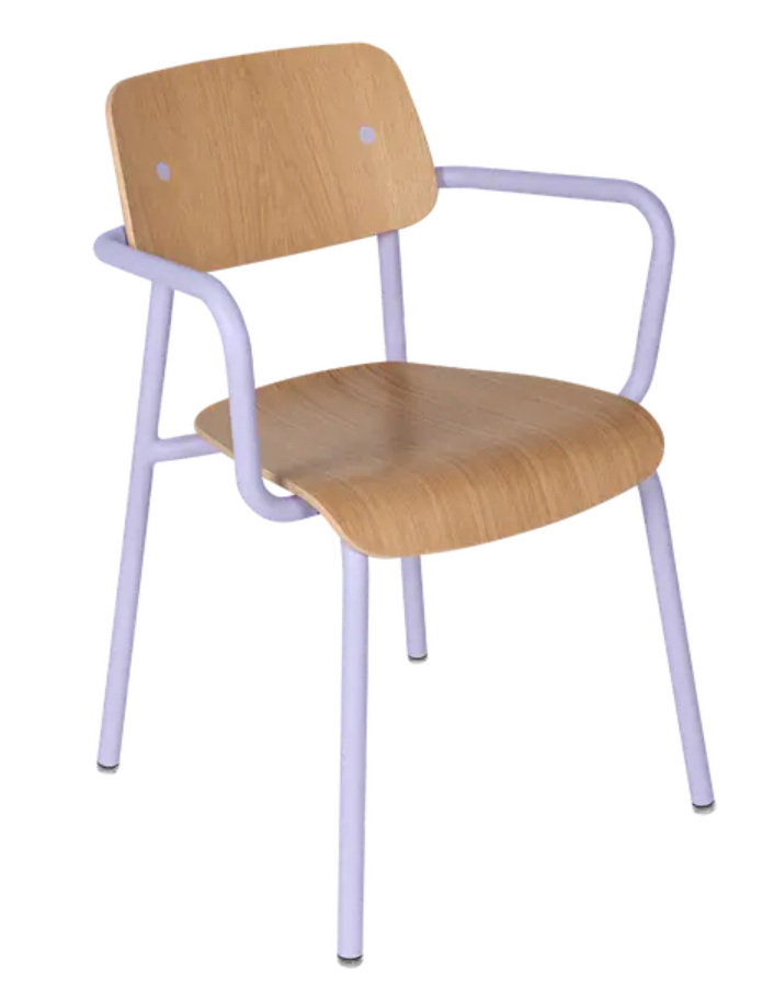 Load image into Gallery viewer, Fermob Studie Oak outdoor armchair with wooden armrests, shown in a modern meeting room setting.
