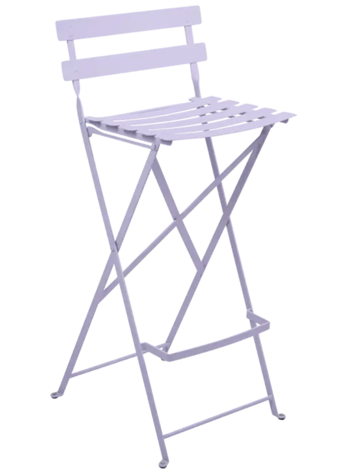 Load image into Gallery viewer, Fermob Bistro high bar stool in lilac purple, foldable outdoor furniture with a sleek, modern design and sturdy metal frame.
