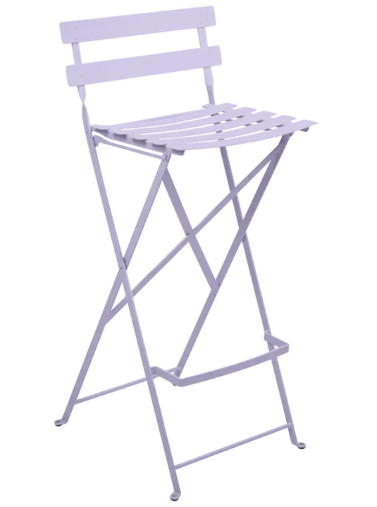 Fermob Bistro high bar stool in lilac purple, foldable outdoor furniture with a sleek, modern design and sturdy metal frame.