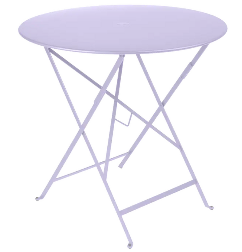 Load image into Gallery viewer, Fermob Bistro Round Folding Table, 77cm diameter, lilac purple metal outdoor terrace table with folding design.

