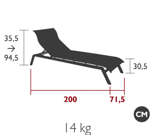 Fermob Maui teak sunlounger with slatted wooden seat and backrest, outdoor furniture for relaxing in the sun.