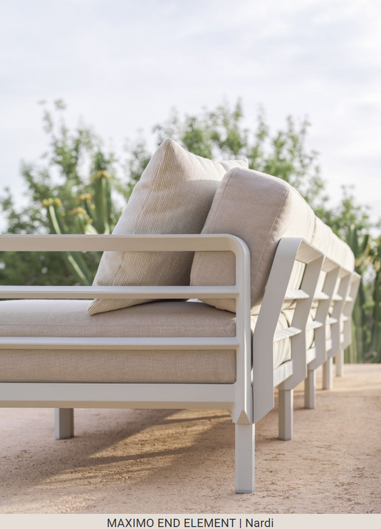 Nardi Maximo modular sofa end piece shown in a living room setup, with plush cushions and contemporary design for flexible seating.