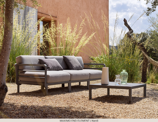 Nardi Maximo modular end sofa in a living room setup, showing left and right configurations with plush cushions and modern design.