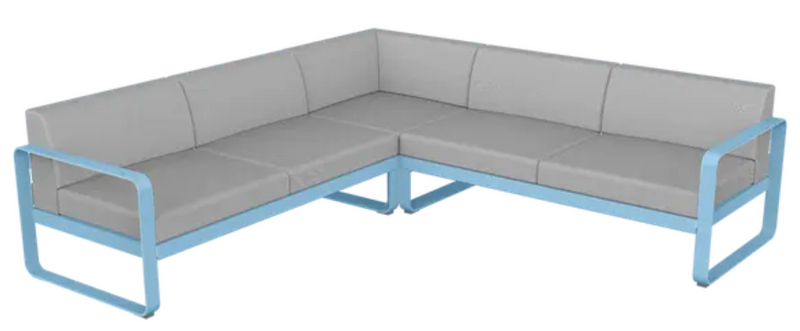 Load image into Gallery viewer, Fermob Bellevie outdoor sofa set with blue and grey cushions, modular design, suited for garden or patio relaxation.
