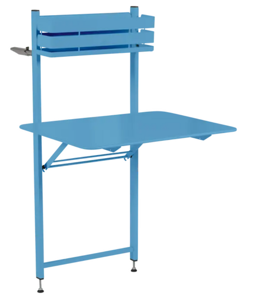 May blue Fermob foldable balcony table with metal construction, ideal for apartments, outdoor use, and small spaces.