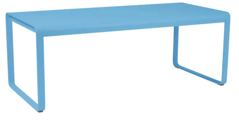 Load image into Gallery viewer, Fermob Bellevie outdoor metal dining table in Maya Blue, 196 x 90 cm, designed for eight-seater outdoor dining.
