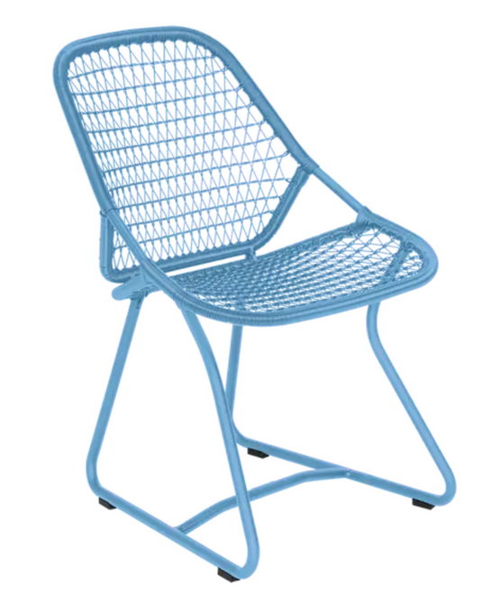 Fermob Sixties outdoor restaurant chair in Maya Blue, stylish and durable outdoor hospitality seating for Ireland.