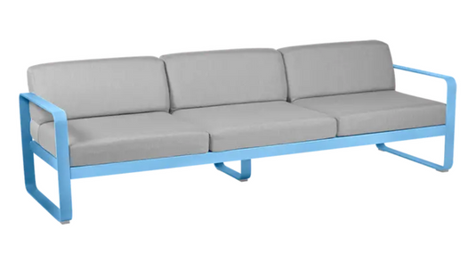 Maya blue and flannel grey Bellevie 3-seater outdoor sofa by Fermob with metal frame and plush cushions, suitable for outdoor seating.