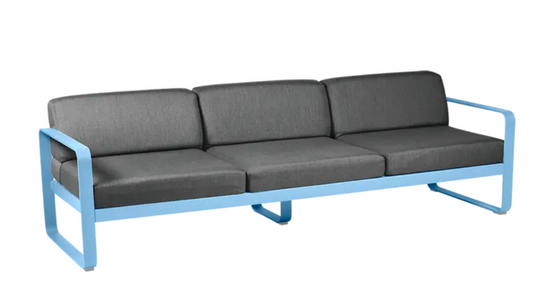 Maya Blue and Graphite Grey Fermob Bellevie 3-Seater outdoor sofa with metal frame, stylish garden furniture for outdoor living.