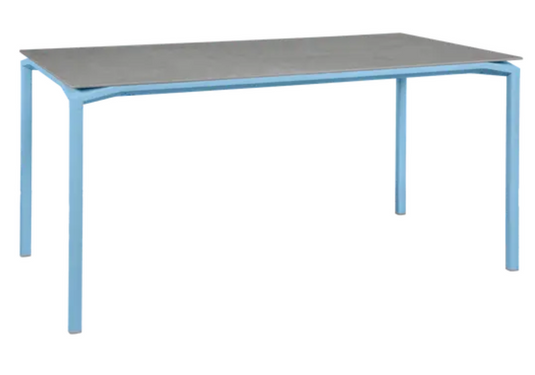 Fermob Calvi Creta mineral dining table in Maya Blue Grey, 160x80 cm, six-seater outdoor table with a sleek modern design.