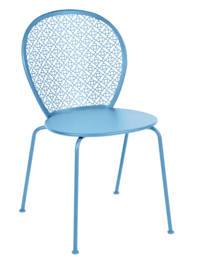 Load image into Gallery viewer, MayaBlue Fermob Lorette metal outdoor chair with colorful design, suitable for garden or patio seating.
