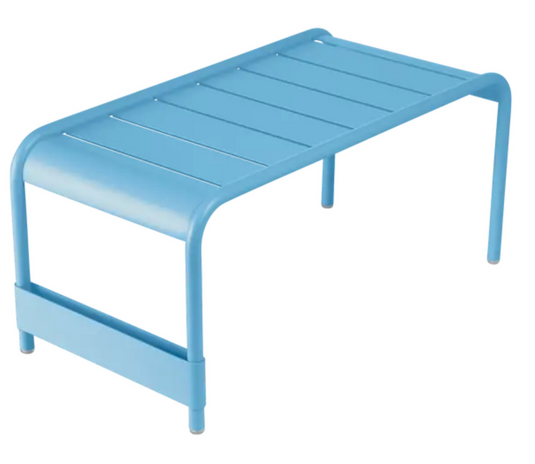 MayaBlue Fermob Luxembourg large low table and bench measuring 86x44, featuring a sleek, modern design perfect for indoor or outdoor use.