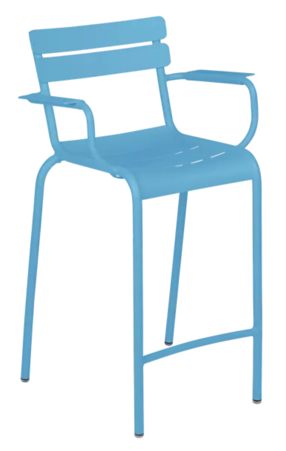Load image into Gallery viewer, Maya blue Fermob Luxembourg high bar armchair with a high back and armrests, stylish outdoor seating for cafes or patios.
